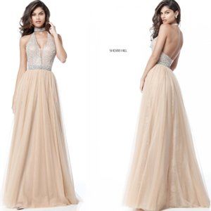 Sherri Hill 51637 Nude Jeweled Halter Prom Dress 👗 Ball Gown
